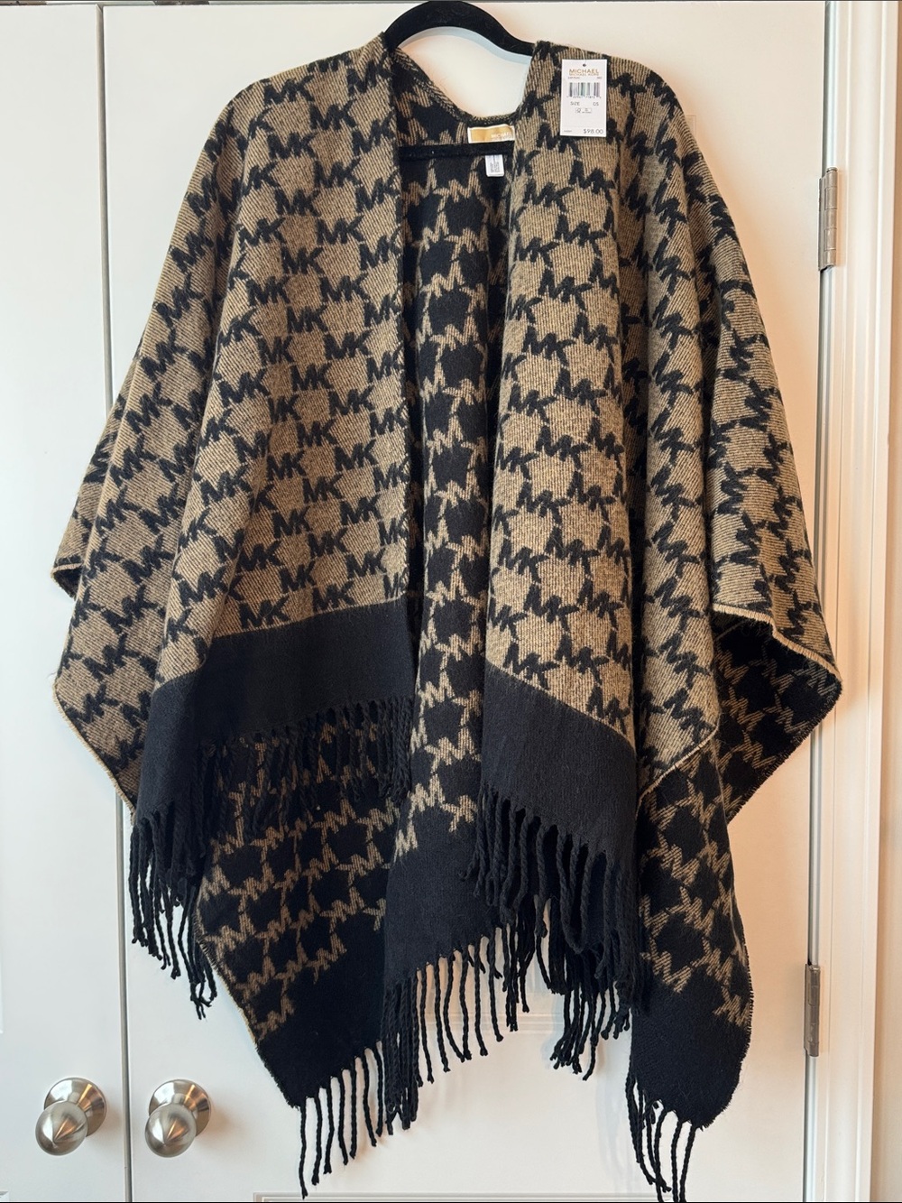 Michael Kors Black and Tan MK Logo Fringe Poncho